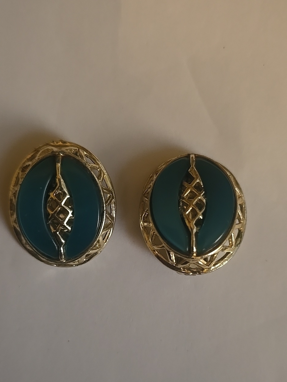 Vintage Teal and Gold Oval Clip-On Earrings
